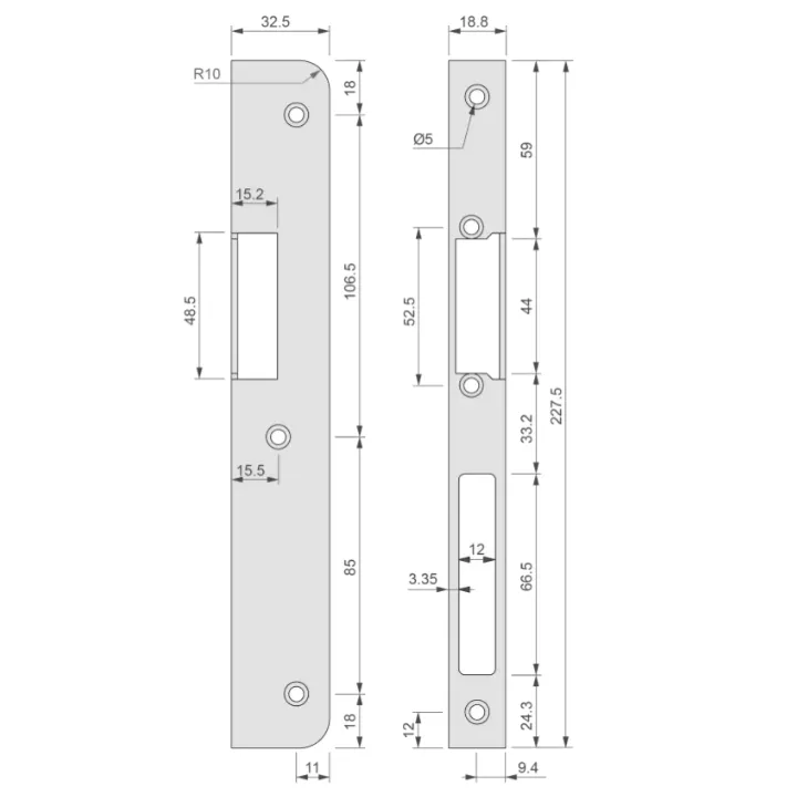 Têtière D'Angle 227,5 X 18,8 Mm J1R Din Gauche Acier Inoxydable Pour 15-25-35