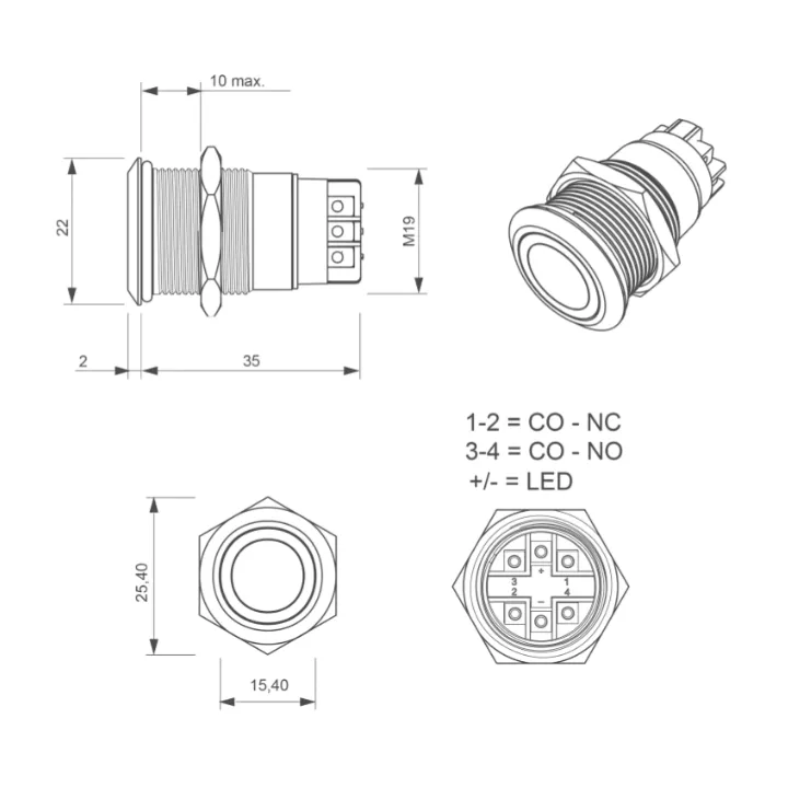 Bouton Poussoir Acier Inox Deq. 19 Mm Halo Vert 12V Ac/Dc Contact No+Nc (V)