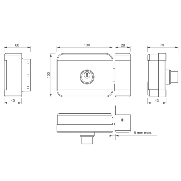 Serrure Électrique Applique 6000 N À Émission 12-24V Dc Cylindre