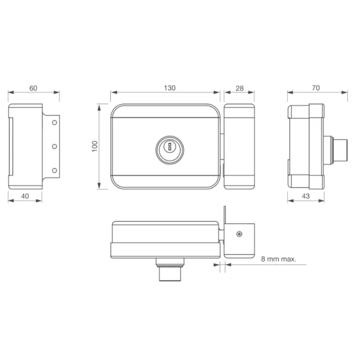 Serrure Électrique Applique 6000 N À Émission 12-24V Dc Cylindre