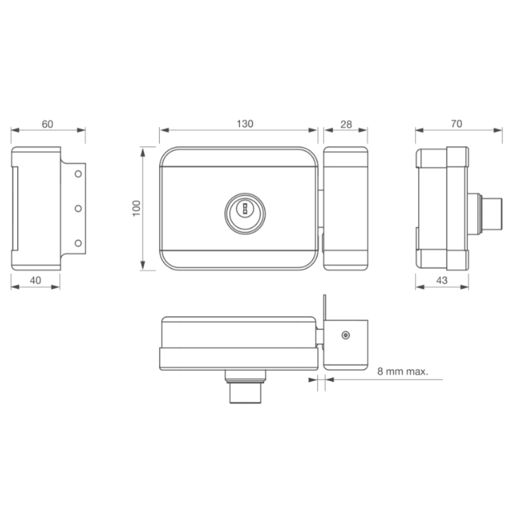 Serrure Électrique Applique 6000 N À Rupture 12-24V Dc Cylindre + Bp Dp