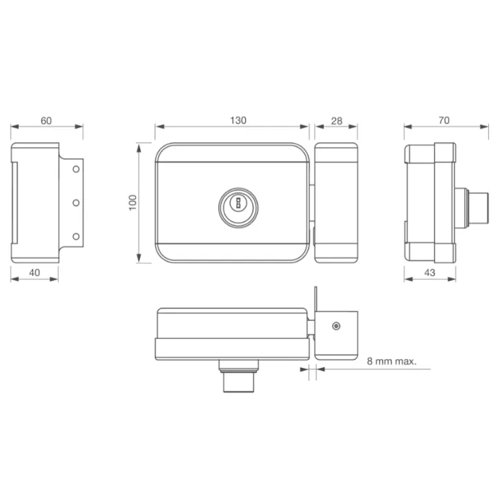 Serrure Électrique Applique 6000 N À Rupture 12-24V Dc Cylindre + Bp Dp
