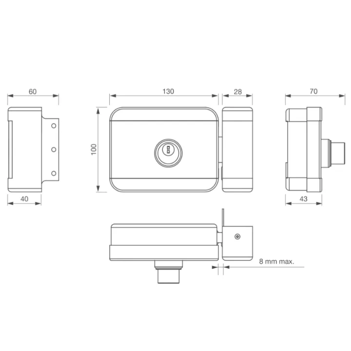 Serrure électrique applique 6000 N à rupture 12-24V DC cylindre