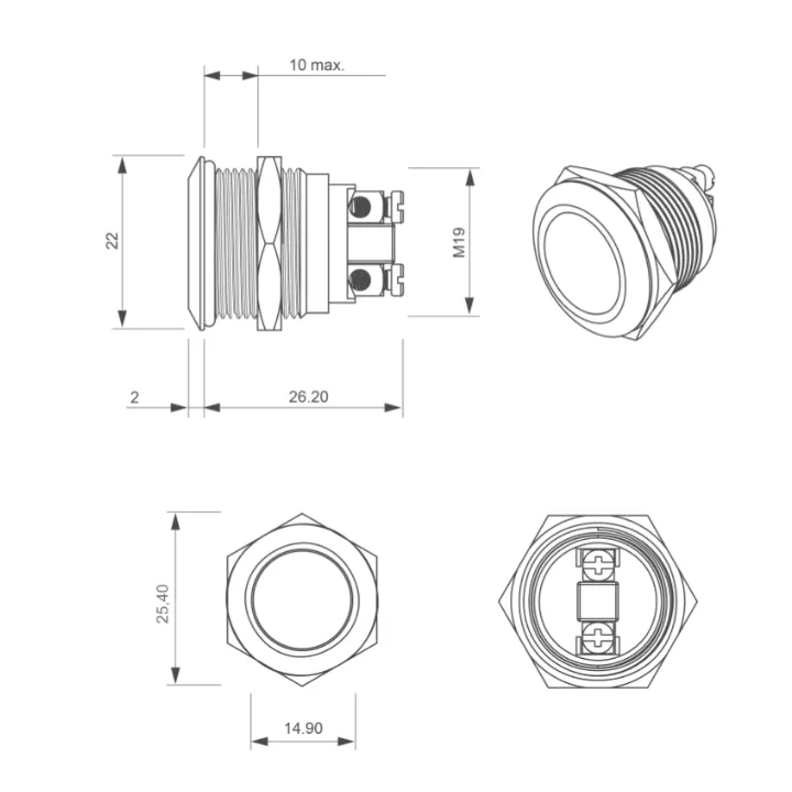 BOUTON POUSSOIR ACIER INOX D:19 MM CONTACT NO (V)