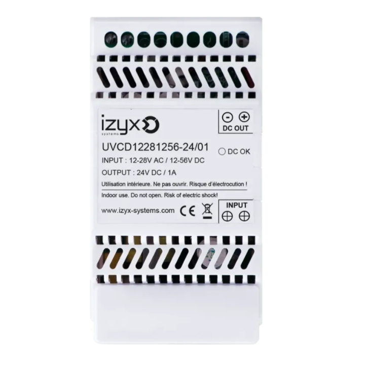 Convert de tens rail DIN In 12-28V AC ou 12-56V DC/Out 24V DC/1A
