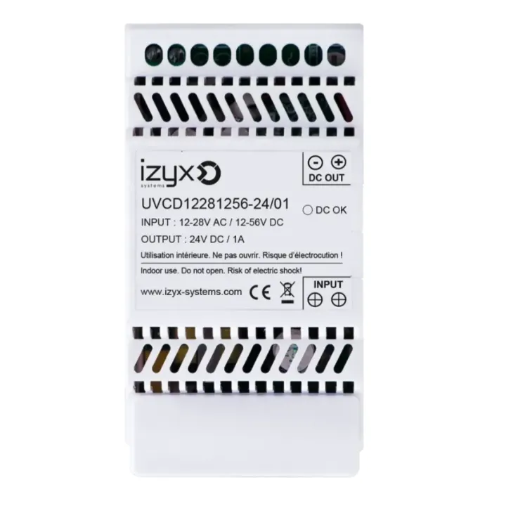 Convert de tens rail DIN In 12-28V AC ou 12-56V DC/Out 24V DC/1A