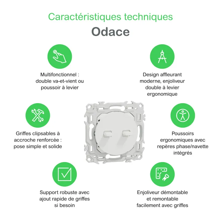 Odace - double va-et-vient ou poussoir à levier - 10AX - noir onyx