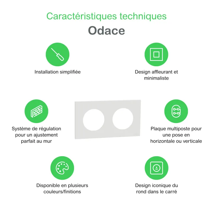 Odace Métal - plaque de finition 2 postes - effet Céramique Blanc support blanc