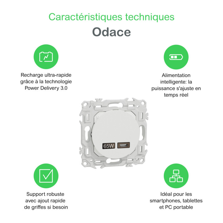 Odace - chargeur USB-C 65W - forte puissance et charge rapide - blanc craie
