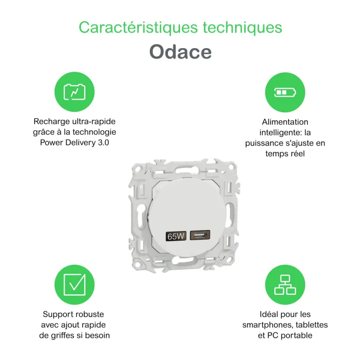 Odace - chargeur USB-C 65W - forte puissance et charge rapide - blanc craie