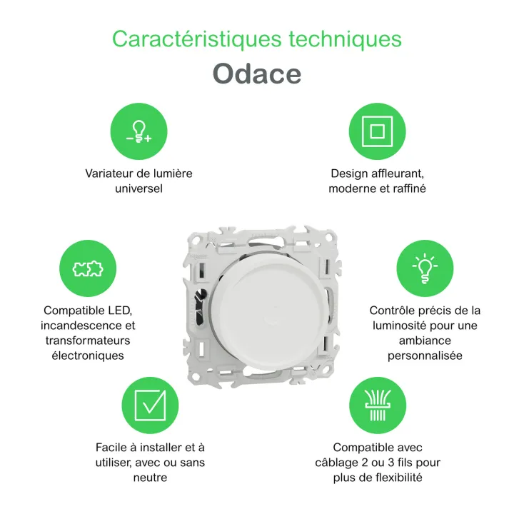 Odace - variateur de lumière universel 2 ou 3 fils - rotatif - blanc craie