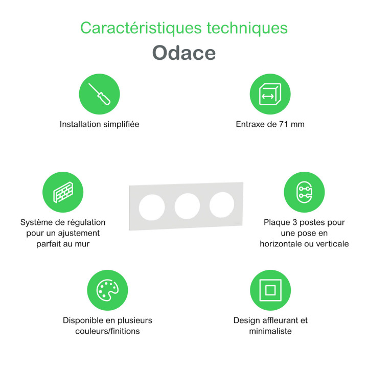 Odace Métal - plaque de finition 3 postes - effet Céramique Blanc support blanc
