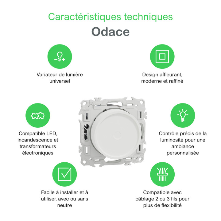 Odace - variateur de lumière universel 2 ou 3 fils - rotatif - noir onyx