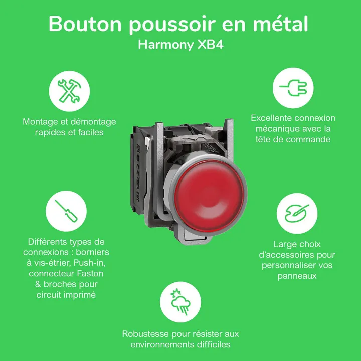 Harmony XB4 - bouton poussoir à impulsion - Ø22 - vert - 1O+1F - vis étrier