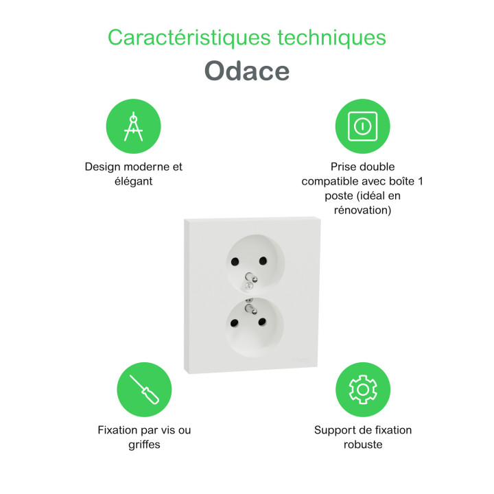 Odace - double prise de courant 2P+T avec plaque - install 1 poste - blanc craie