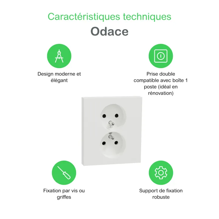 Odace - double prise de courant 2P+T avec plaque - install 1 poste - blanc craie