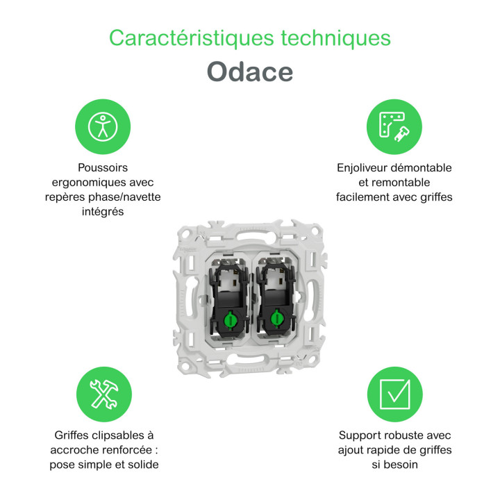 Odace - double va-et-vient ou poussoir - 10AX - sans enjoliveur