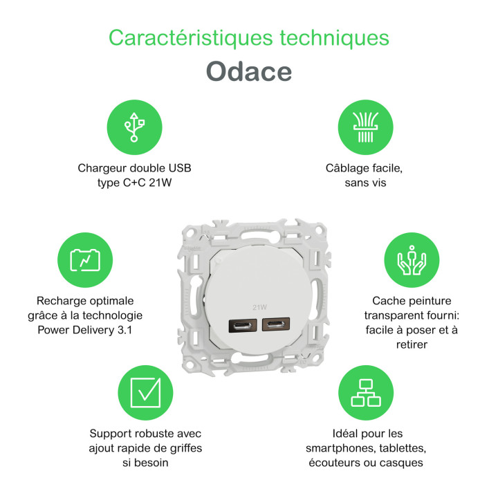 Odace - chargeur double USB type C+C - 21W Power Delivery - blanc craie