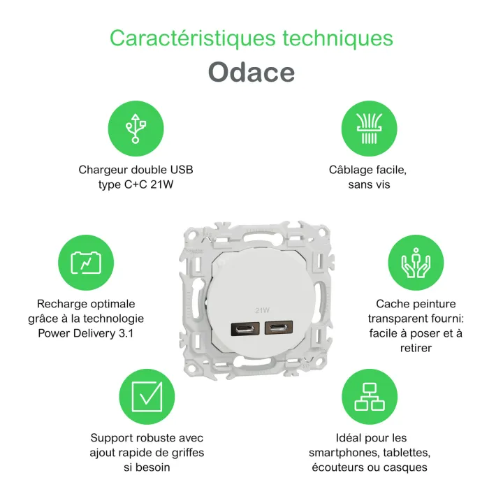 Odace - chargeur double USB type C+C - 21W Power Delivery - blanc craie