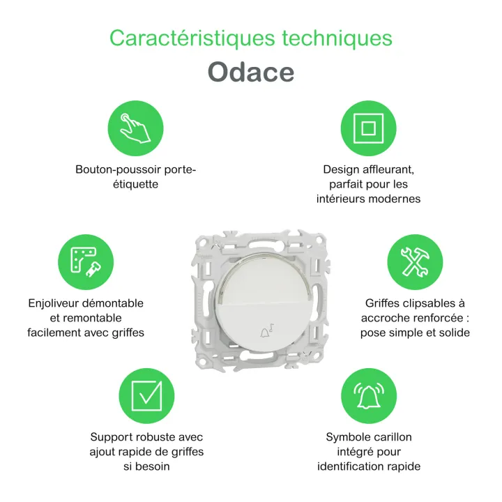 Odace - bouton-poussoir porte-étiquette - symbole carillon - blanc craie