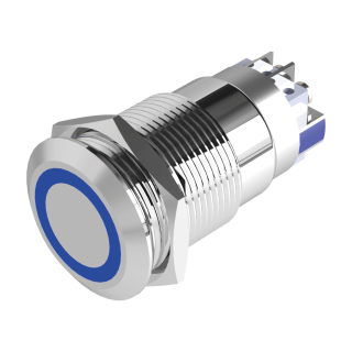 Bouton poussoir INOX bleu 19 mm NO+NC 12V DC bornier à vis
