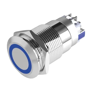 Bouton poussoir INOX bleu 19 mm NO+NC 12V DC bornier à vis