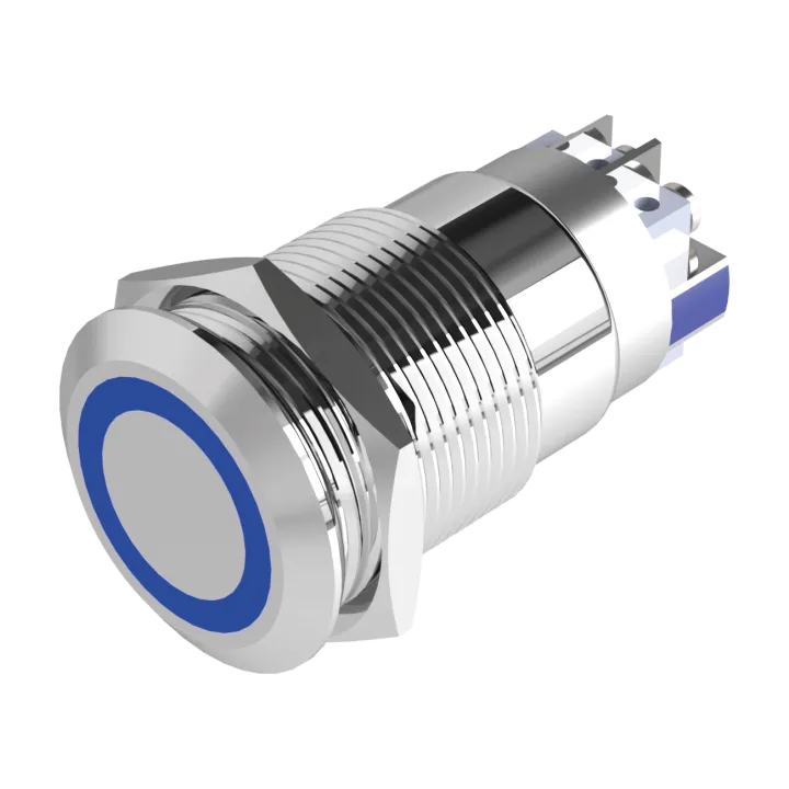 Bouton poussoir INOX bleu 19 mm NO+NC 12V DC bornier à vis