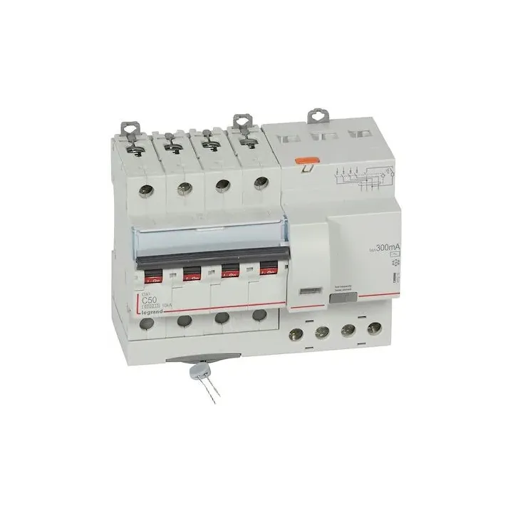 Disj diff monobloc DX³6000 10kA arrivée haut/départ bas vis 4P 50A typeAC 300mA