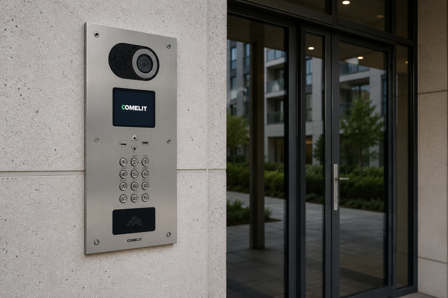Platine de rue Comelit installée en façade d'un immeuble collectif
