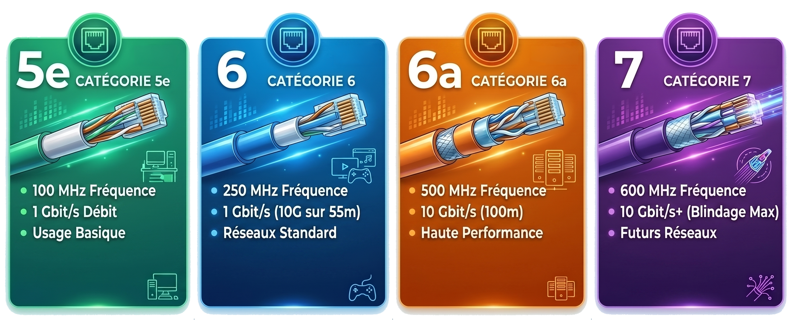 Comparatif visuel des câbles RJ45 de catégorie 5e à 7