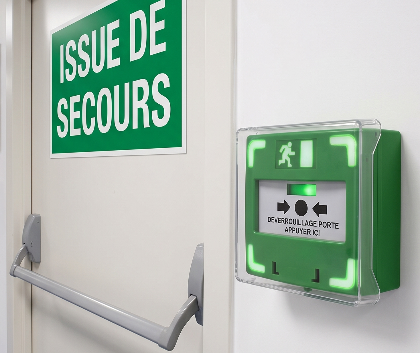 Déclencheur manuel BAV vert IZYX installé près d'une issue de secours