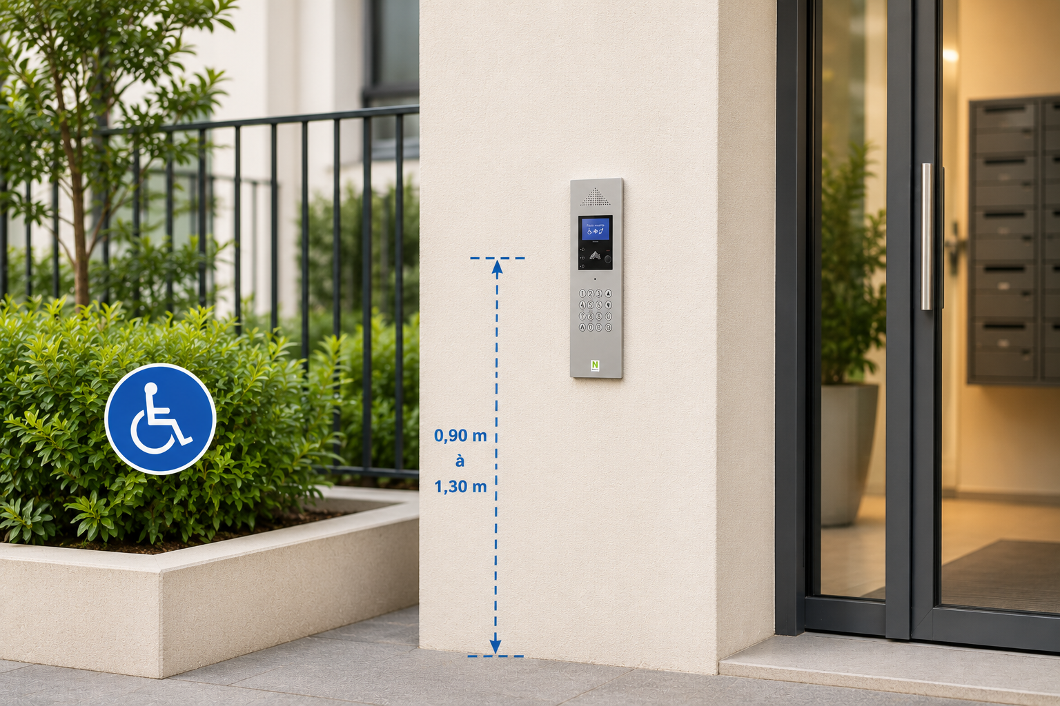 Platine de rue d'interphonie collective installée en façade, hauteur accessible PMR