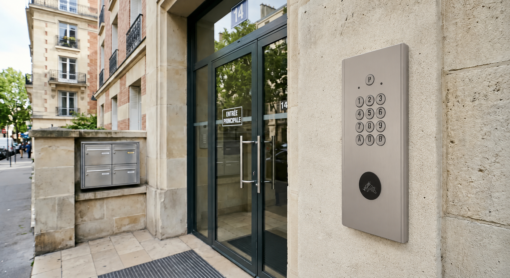 lecteur VIGIK posé sur interphone collectif en pied d'immeuble