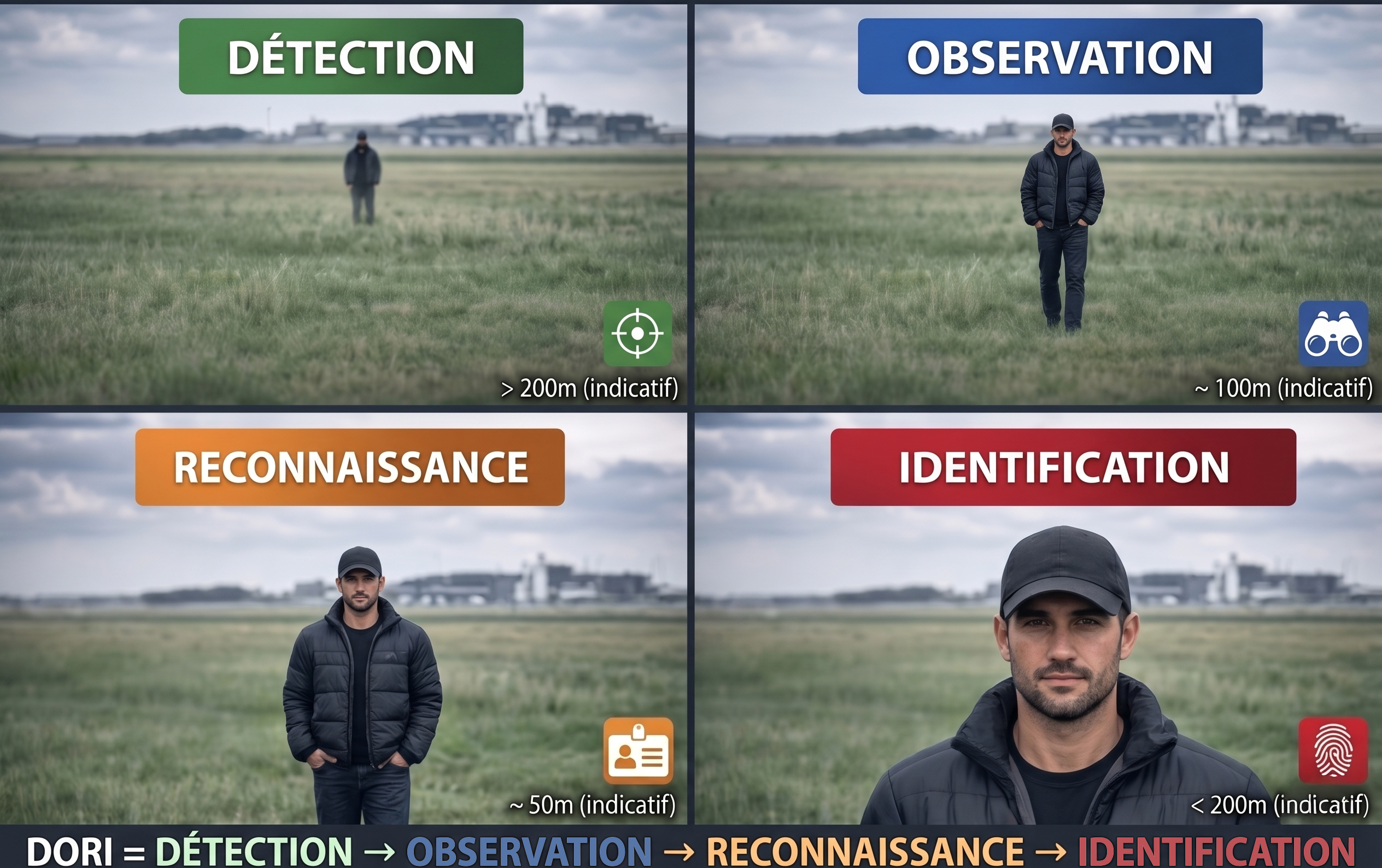Tableau comparatif à quatre panneaux illustrant la progression visuelle de la norme DORI