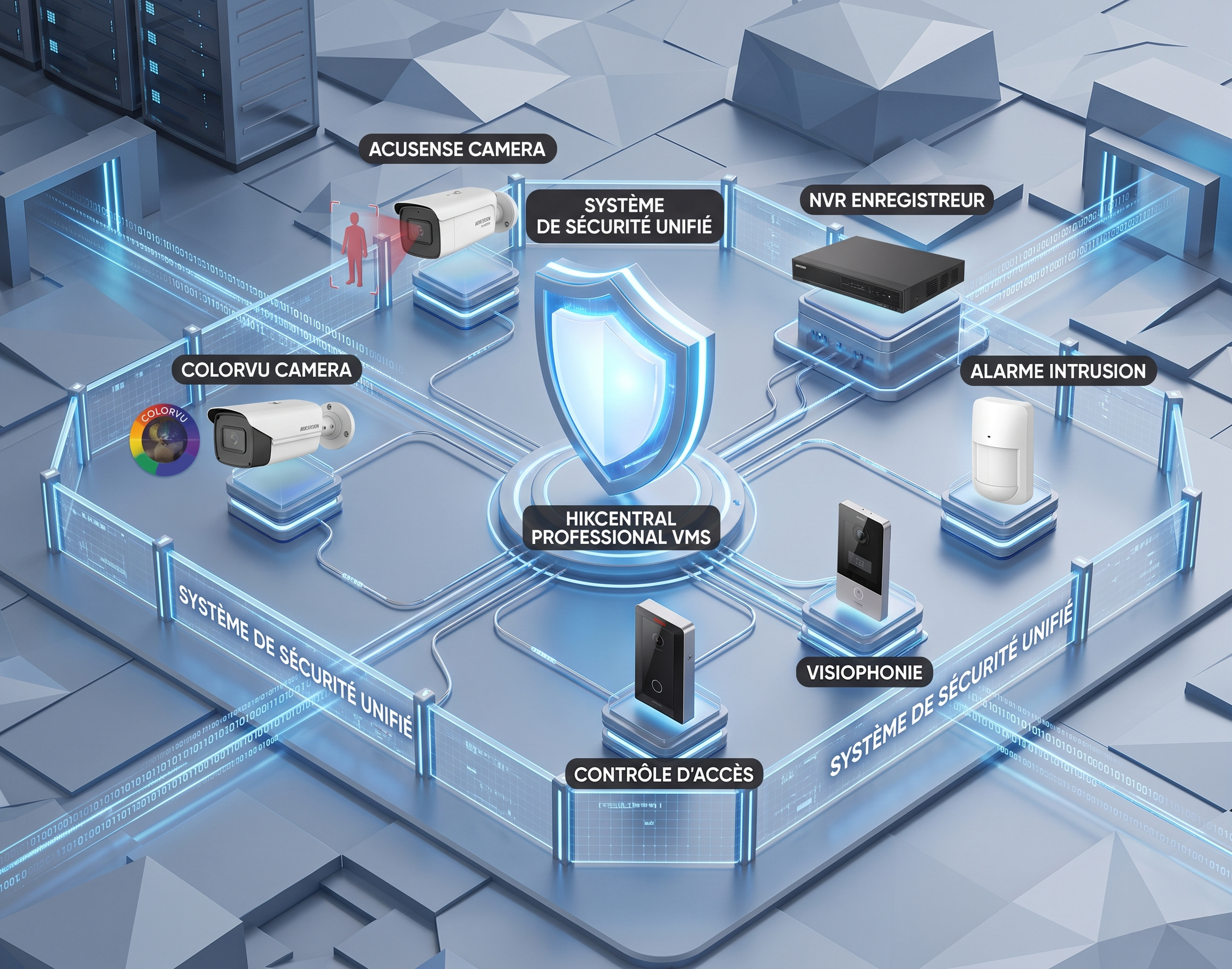Schéma système de sécurité unifié Hikvision HikCentral NVR contrôle d'accès